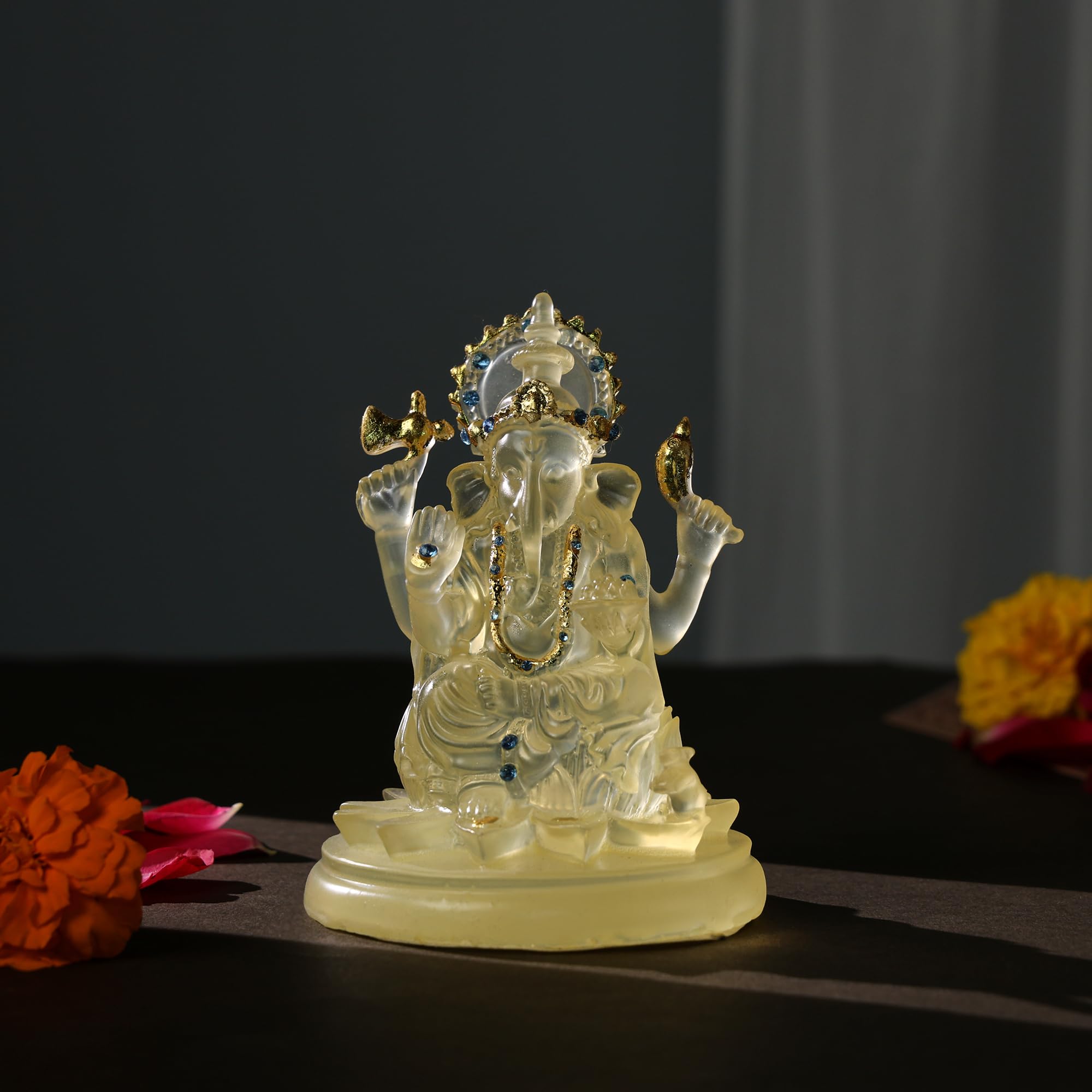 Purpledip Resin Idol Ganesha (Ganapathi Vinayak): Collectible Statue With Crystal Finish & Golden Accents (12719)