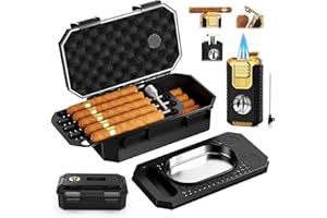KIRENP Travel Cigar Humidor Box set with Cigar Ashtray, Cigar Torch Lighter, Built-in V Cutter & Punch & Holder & Draw Enhancer Tool, Humidifier & Hygrometer, Portable Travel Cigar Case, Cigar Gifts for Men