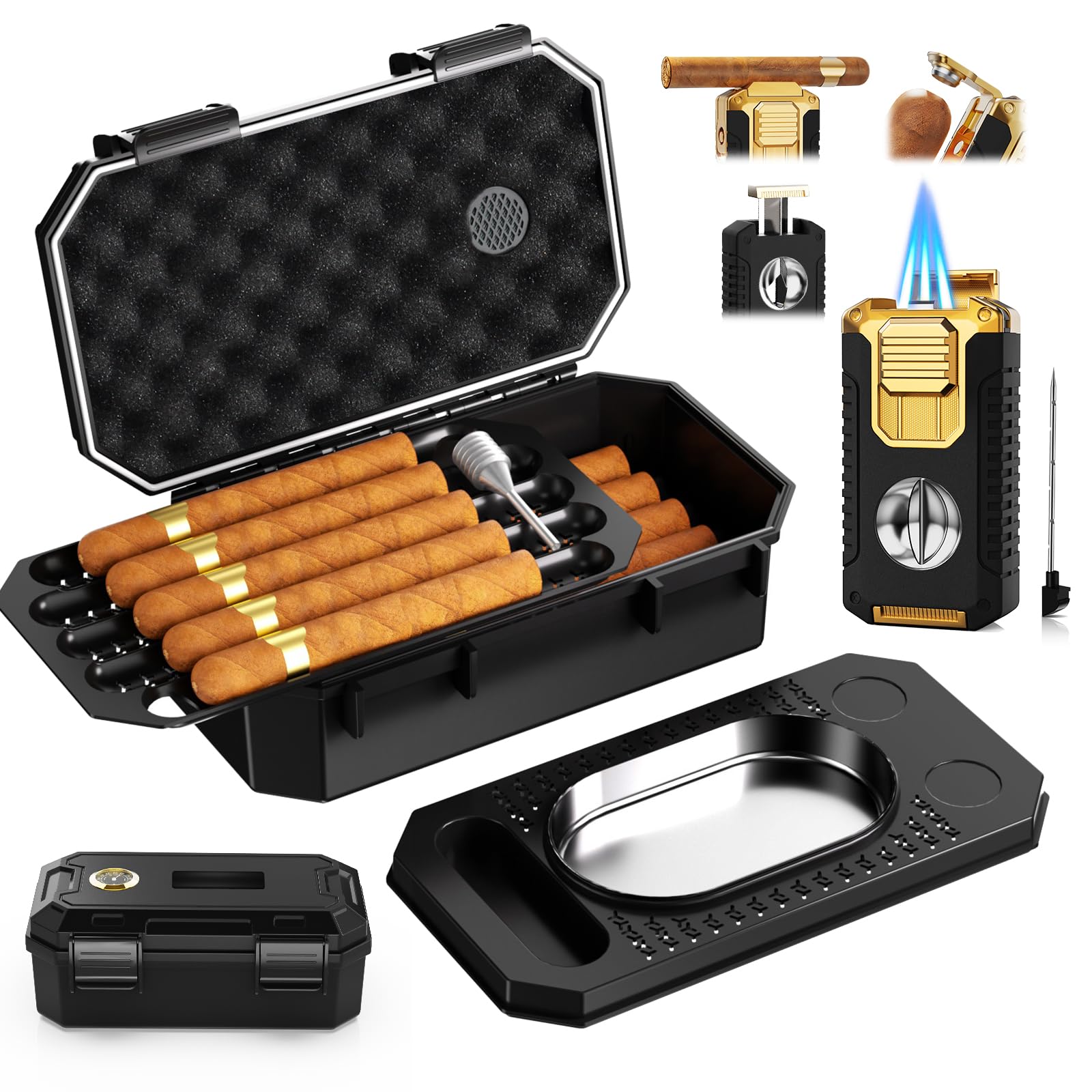 Photo 1 of *No Cigars* Travel Cigar Humidor Box set with Cigar Ashtray, Cigar Torch Lighter, Built-in V Cutter & Punch & Holder & Draw Enhancer Tool, Humidifier & Hygrometer, Portable Travel Cigar Case, Cigar Gifts for Men