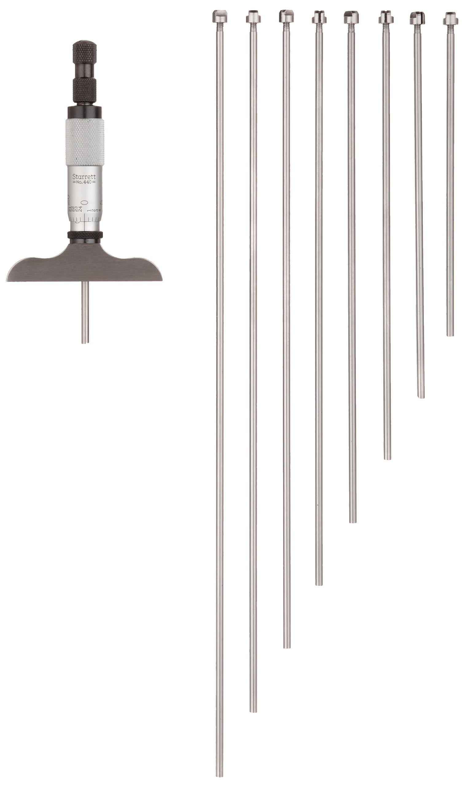 StarrettMicrometer Depth Gage a Combination Ratchet and Speeder in Case - Ratchet Thimble, 0-9" Range, 0.001" Graduation, 2-1/2" Base, 9 Rods - 440Z-9RL