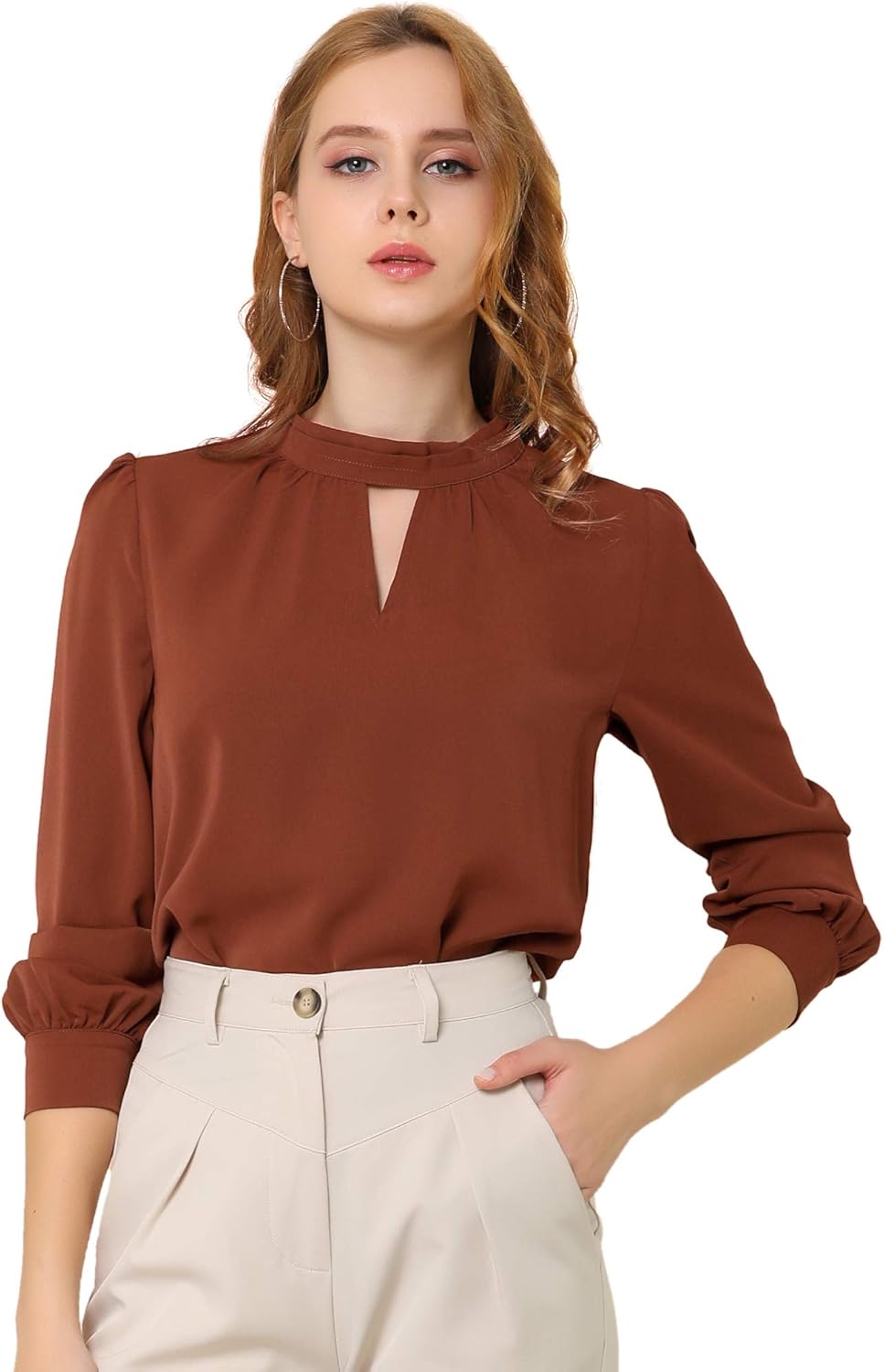 Allegra K Women's Work Office Shirt Keyhole Elegant Stand Collar Long Sleeve Chiffon Blouses