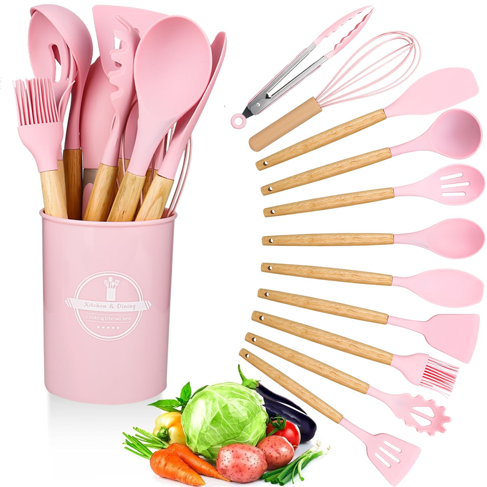 Kitchen Utensil Set 12 PCS Silicone Cooking Utensils Set with Wooden Handle Non-Stick Cooking Spoons Utensil Sets Silicone Kitchen Utensils Set Heat Resistant Kitchen Tools Heat Resistant Set (Pink)