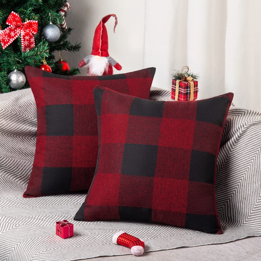 ORANIFUL Buffalo Check Cushion Covers 50cm x 50cm Set of 2 Linen Decorative Square Tartan Throw Pillow Case for Sofa Couch Bed Home Decor Car 20x20 Inches (Burgundy & Black)