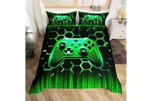 Manfei Modern Gamer Duvet Cover Set Twin Size, Green Honeycomb Gamepad Comforter Cover with 1 Pillowcase, Vodeo Games Bedding Set 2pcs for Kids Boys Girls Bedroom Decor Teens Gaming Bedspread Cover