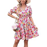Kormei Women's Floral Print V Neck Dress Short Puff Sleeve Smocked Waist Ruffle Hem Flare Short Dress