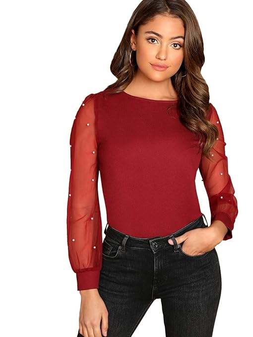 DIDK Damen Elegant Blusen Chiffonbluse Rundhals Einfarbig Langarmshirts Perlenbesetztes Mesh-Oberteile Mit Perlen