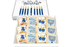OMCOOKIE Happy Hanukkah Cookies Gift Basket Kosher for Men Women Kids | Jewish Holiday Gourmet Corporate Food Gift INDIVIDUALLY WRAPPED | 12 Decorated Sugar Cookies Menorah Donuts Dreidels