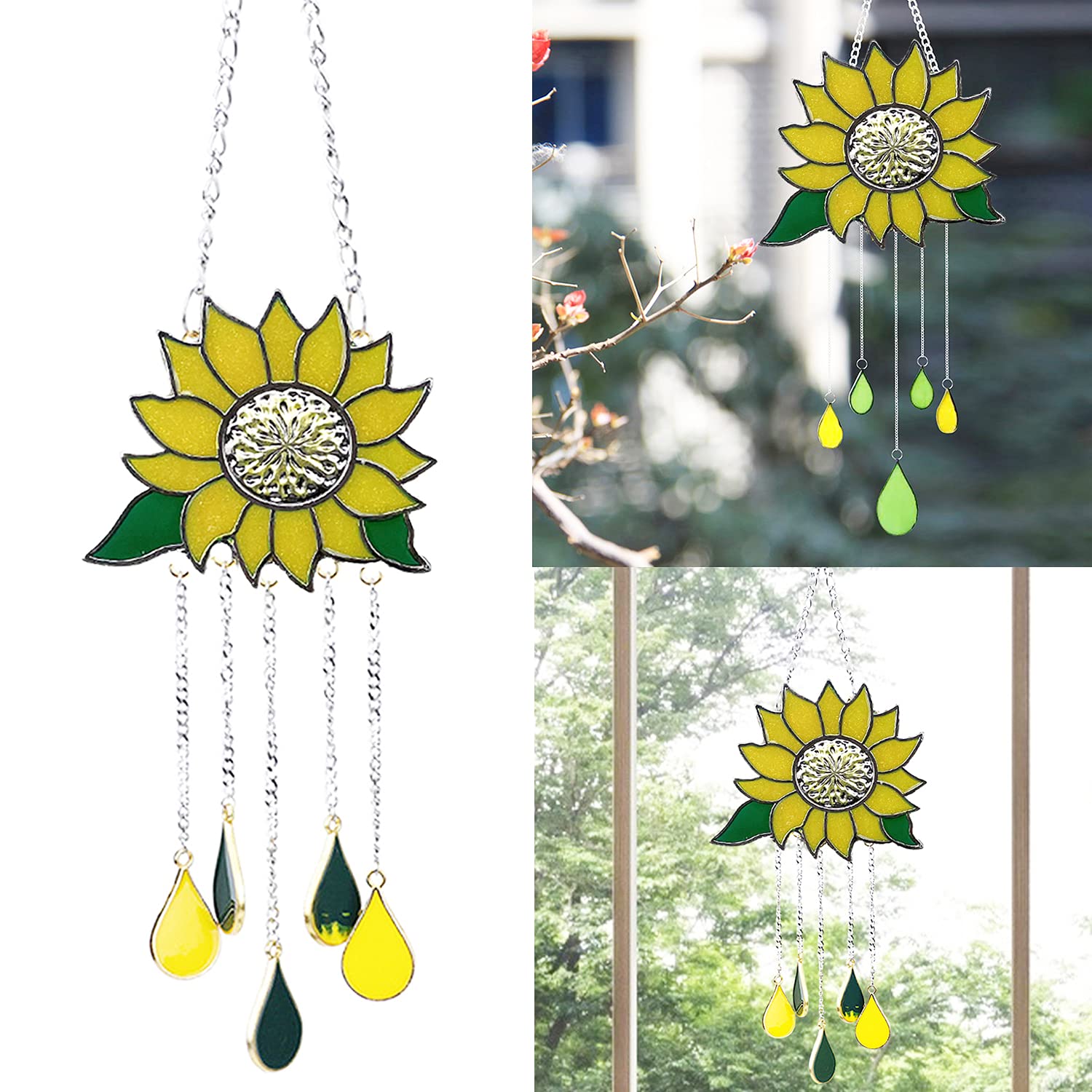 Sunflower Wind Chime Sun Flower Hanging Sign Dripping Pendant Stained Suncatcher Garden Ornament Decor For Outdoor Indoor Home Bedroom Living Room Window Corridor Yard Decoration