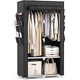 VTRIN Portable Closet Wardrobe Closet for Hanging Clothes with 4 Storage Shelves, 2 Hanging Rods and 6 Pockets, Stable and Easy Assembly Clothes Rack with Cover Free Standing Closet for Bedroom, Black