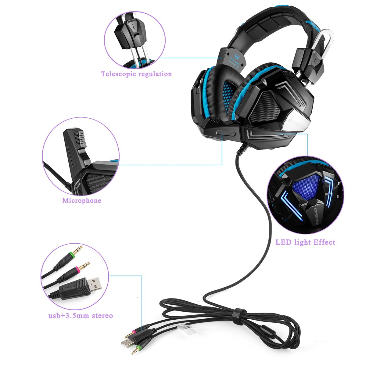 KOTION EACH Cuffie Gaming Stereo G5000 per Cuffie da 3,5 mm di Gioco per PC con Bassi Potenti, Auricolare Vestibilità Comoda e Supraauricular con Isolamento Acustico, Effetto Respiro di Luce a LED per i Computer Portatili o Computer(Blu)
