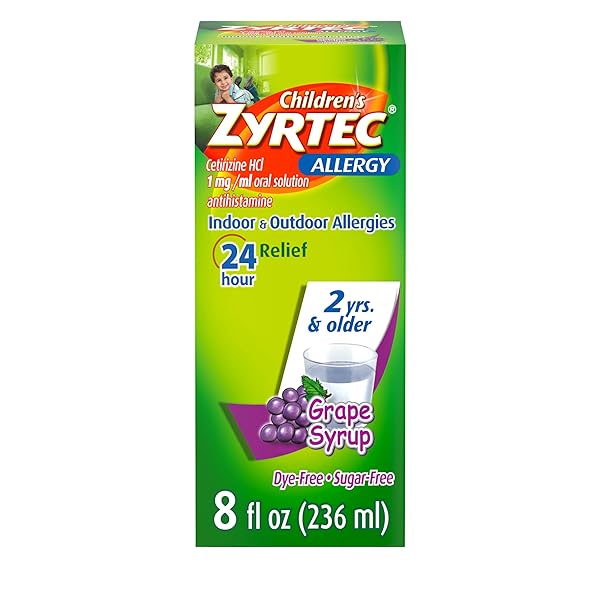 ZYRTEC CHILDREN’S 24 HOUR ALLERGY RELIEF SYRUP, 5 MG CETIRIZINE HCL ANTIHISTAMINE, KIDS ALLERGY MEDICINE FOR INDOOR & OUTDOOR ALLERGY RELIEF, DYE-FREE & SUGAR-FREE, GRAPE, 8 FL. OZ