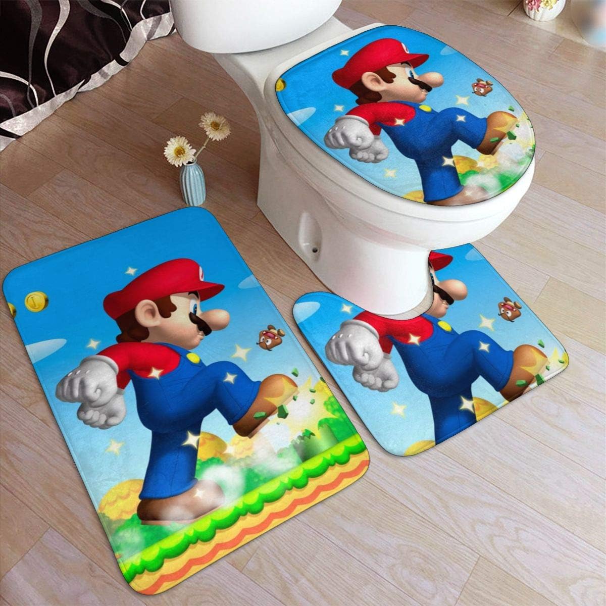 Game Super Mario Bath Mat 3 Piece Set, AntiSkid Pads Bath