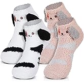 Yearntown 2 Pack Cute 3D Animal Fuzzy Socks for Women Girls Gift Slipper Winter Warm Fluffy Soft Plush Sleeping Sock Non Slip
