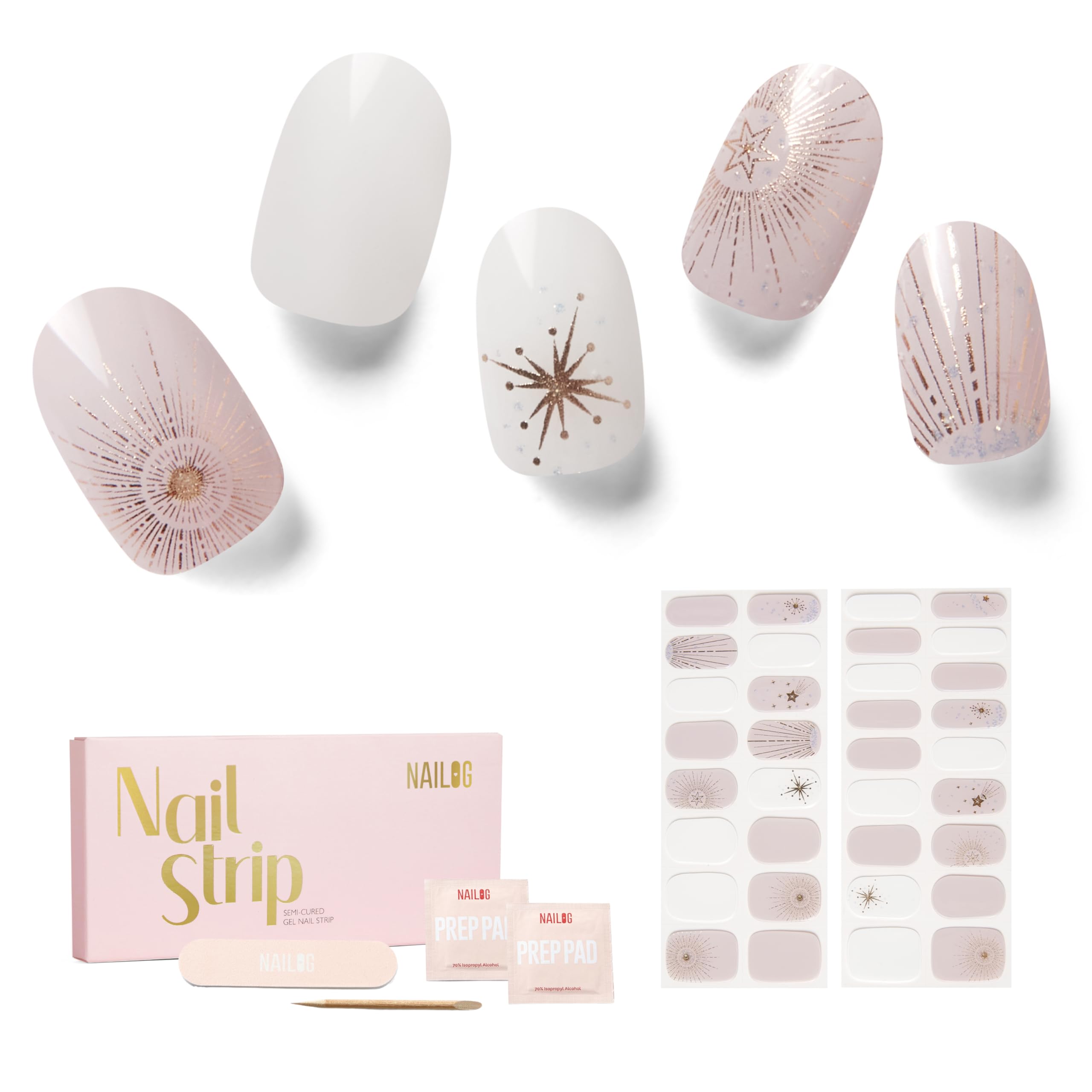 NAILOG Semi Cured Gel Strips, 34 pcs Salon-Quality Stickers, Long Lasting Wraps for Women With Soft Gel Finish, Astria — image 1