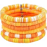 Ornaland 6 Pcs/Set Heishi Surfer Bracelets Set 6mm Polymer Clay Heishi Beads Stretch Bracelets Bohemia Summer Beach Jewelry for Women (Dark Orange)