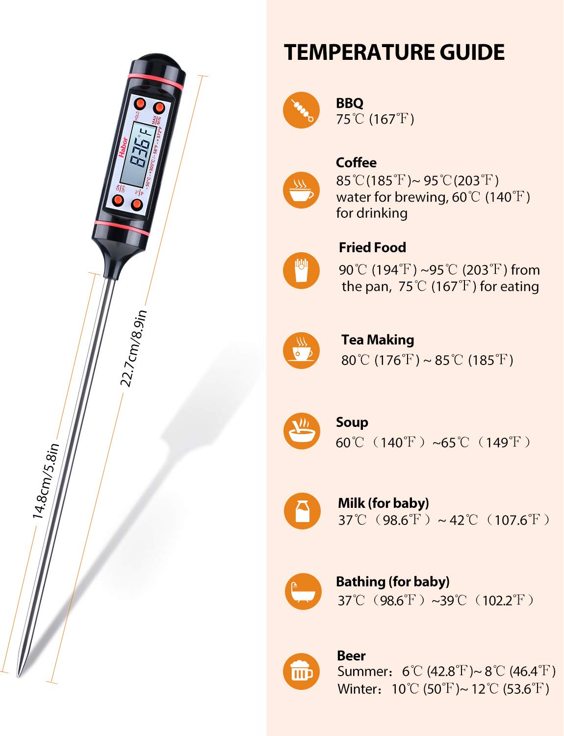 Meat Thermometer, Habor Cooking Thermometer [5.8 Inch Long Probe] with