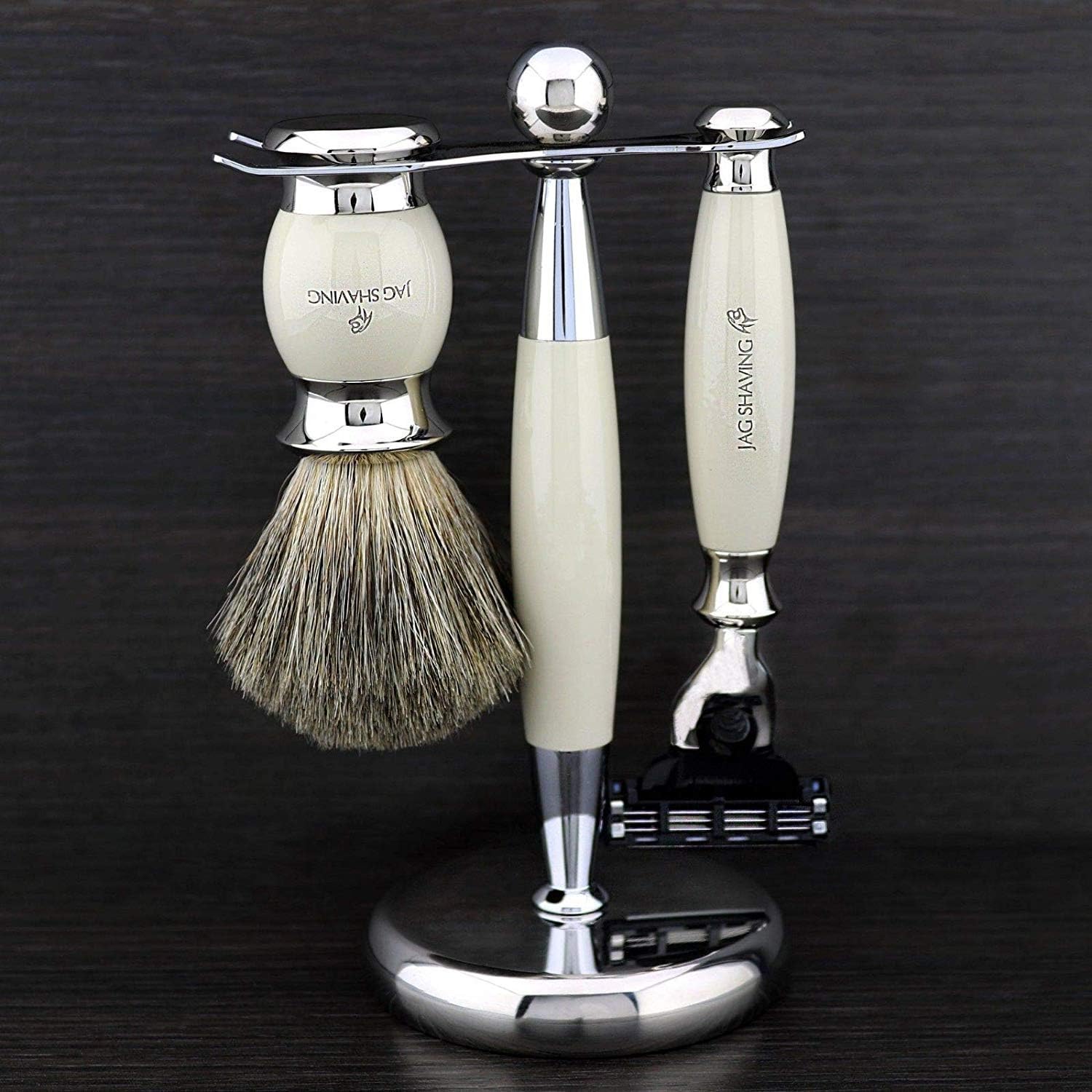 Jag Shaving - Hand Assembled Triple Edge Cartridge Compatible Razor in Ivory-Colour 3-Piece Shaving Set