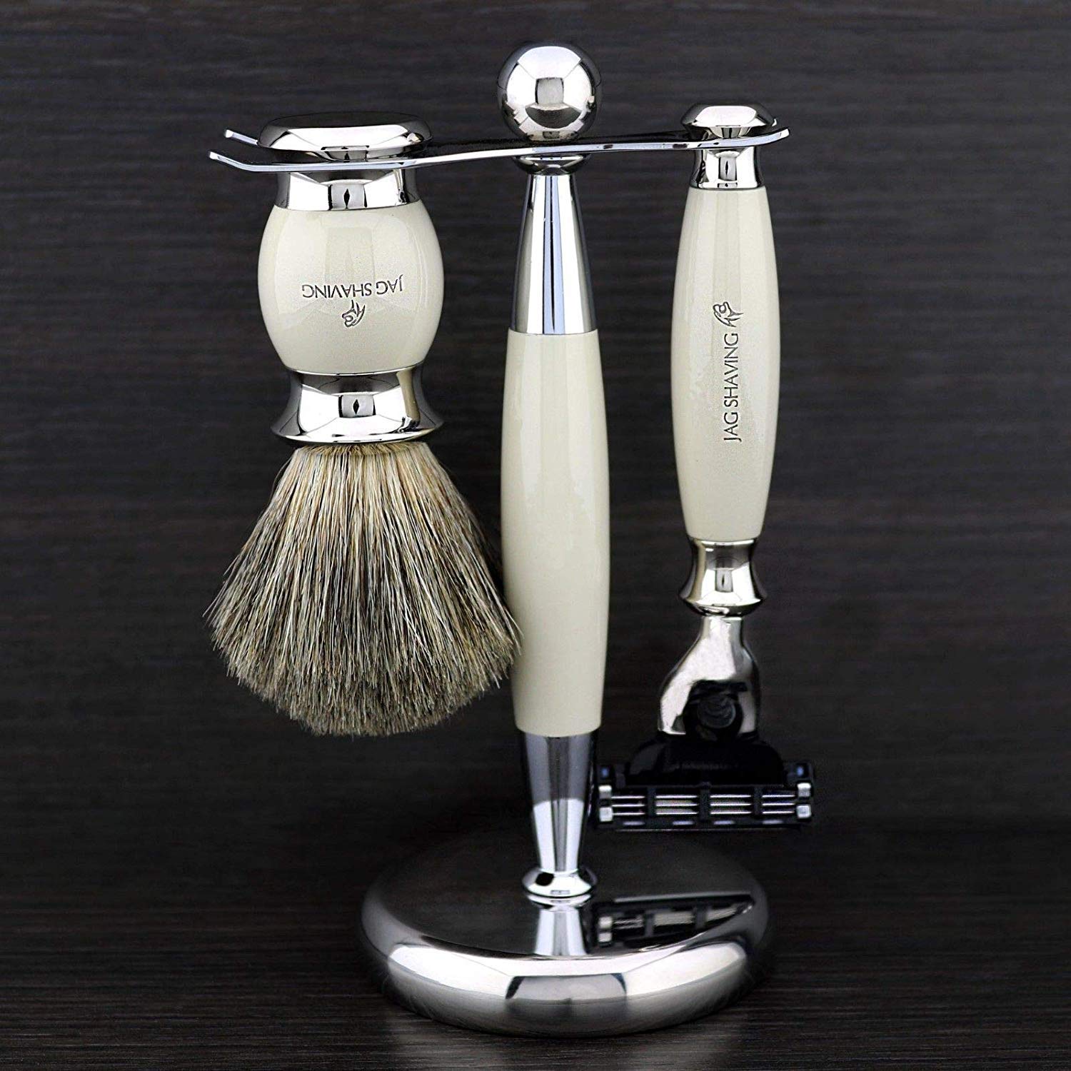 Jag Shaving - Hand Assembled Triple Edge Cartridge Compatible Razor in Ivory-Colour 3-Piece Shaving Set