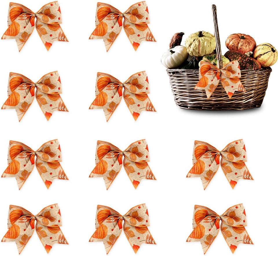 Bows & Ribbons - Hying 10PCS Fall Bows for Wreath, Linen Plaid Pumpkin Harvest Wreath Bows for Thanksgiving Décor, Thanksgiving Bows for Front Door Indoor Outdoor Wall Tree Topper Autumn Decoration Supplies Ornament