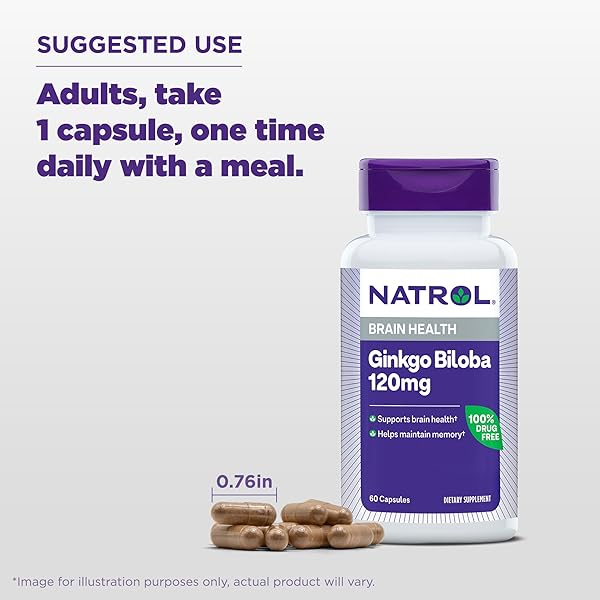 NATROL BRAIN HEALTH GINKGO BILOBA 120MG, DIETARY SUPPLEMENT FOR BRAIN HEALTH AND MEMORY SUPPORT, 60 CAPSULES, 60 DAY SUPPLY