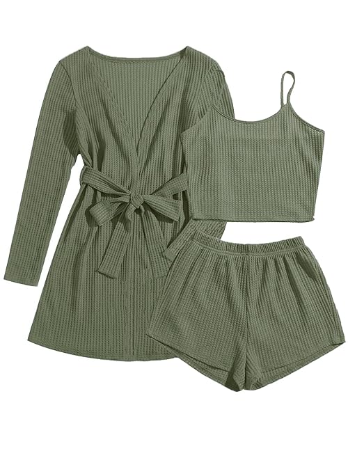 Ekouaer Pajamas for Women Set 3 Piece Lounge Set Soft Pajama Sets Waffle Knit Tank Top and Shorts Cardigan with Pockets S-XXL Army Green