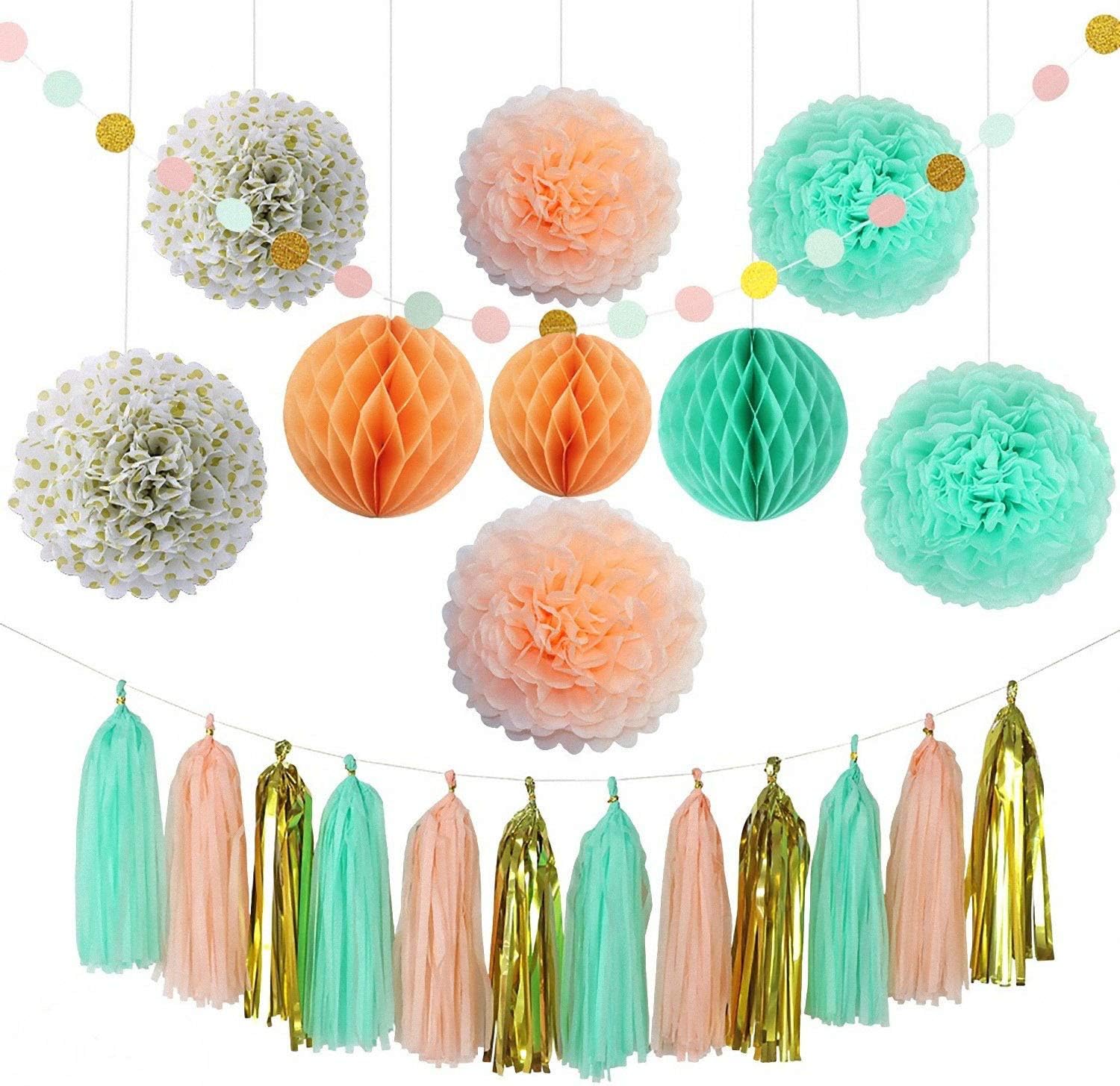 Amazon Com Party Decoration Kit 22 Pieces Coral Mint Green