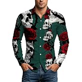 Cambkatl Mens Skull Rose Print Long Sleeve Button Down Lapel Dress Shirts | Skull Rose Print Dress Shirt, Button Down Long Sleeve, Casual Top Style, Everyday Wear Layer, Graphic Design