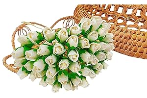 HukDok Mini Rose Bud Mulberry Paper Flower, Artificial Tiny Roses Flowers for Wedding Card Embellishment Scrapbook DIY Bouquet Crafts. (White)