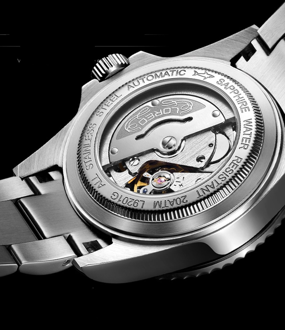 LOREO Mens Full Black Stainless Steel Sapphire Glass Rotating Bezel Military Waterpoof Mens Automatic Watch