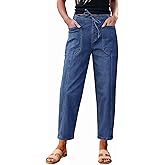 luvamia Barrel Jeans Women Trendy High Waisted Pull On Drawstring Elastic Waist Stretchy Denim Baggy Pants with Pocket