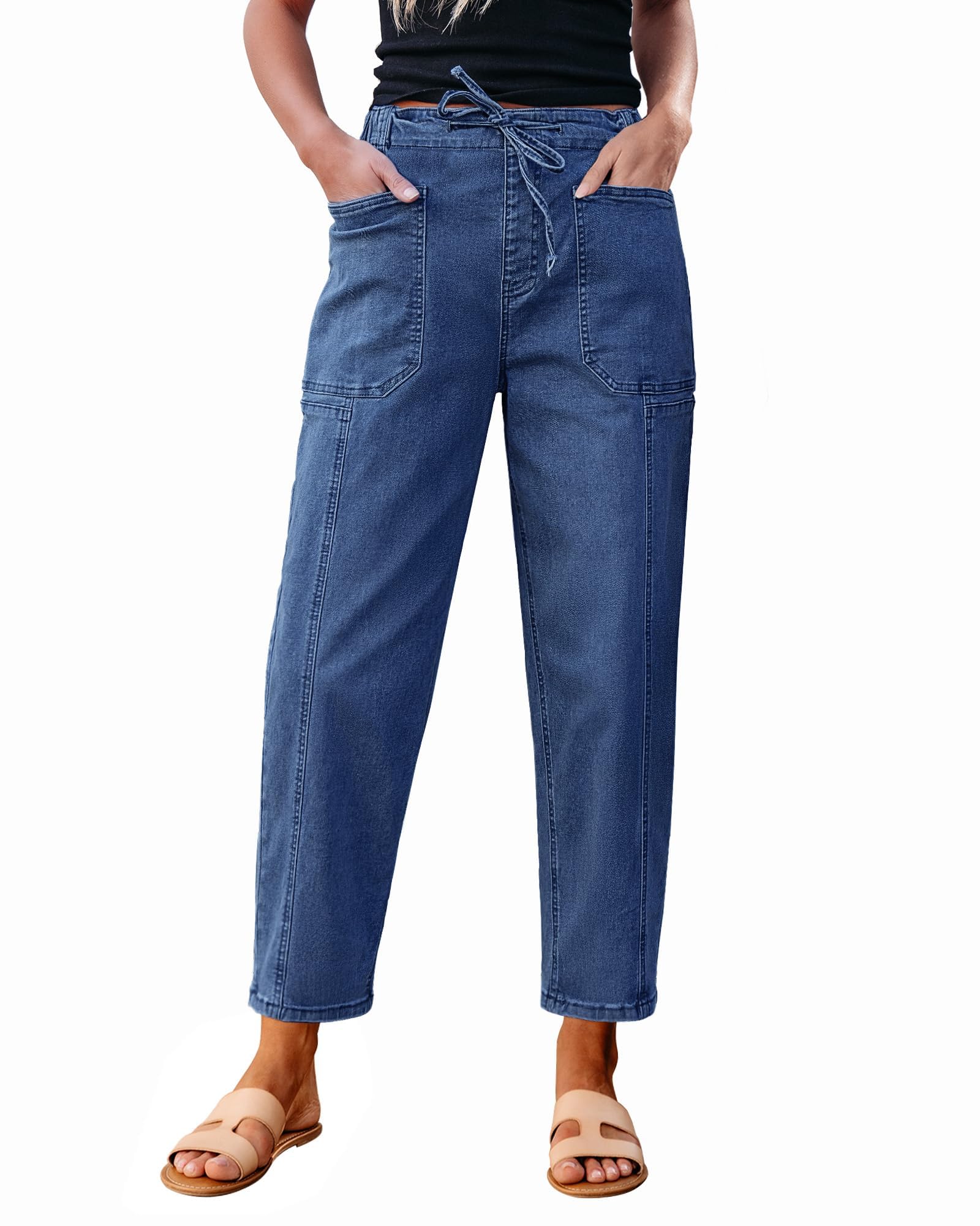 Photo 1 of luvamia Blue Jeans for Women Women's Stretchy Denim Baggy Pants High Waist Drawstring Elastic Waist Wide Leg Jeans for Women Medium Blue Size XX-Large Fits US 20-22
