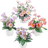 TerraVerve Boho Style 4-Piece Silk Flower Arrangement | Realistic Artificial Plants with Vase | Daisy & Lily Pots | No Maintenance Required