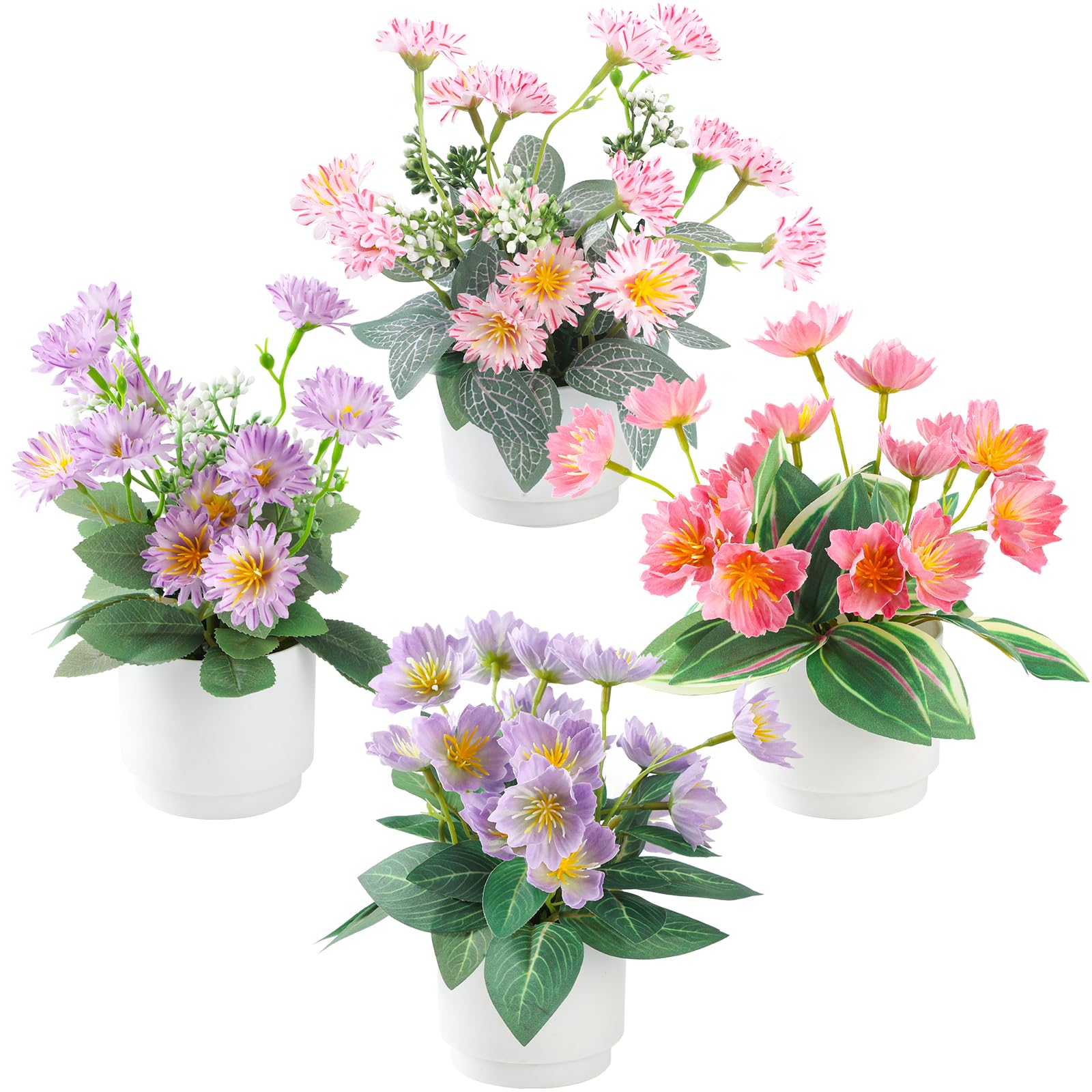 Photo 1 of TerraVerve Boho Style 4-Piece Silk Flower Arrangement | Realistic Artificial Plants with Vase | Daisy & Lily Pots | No Maintenance Required