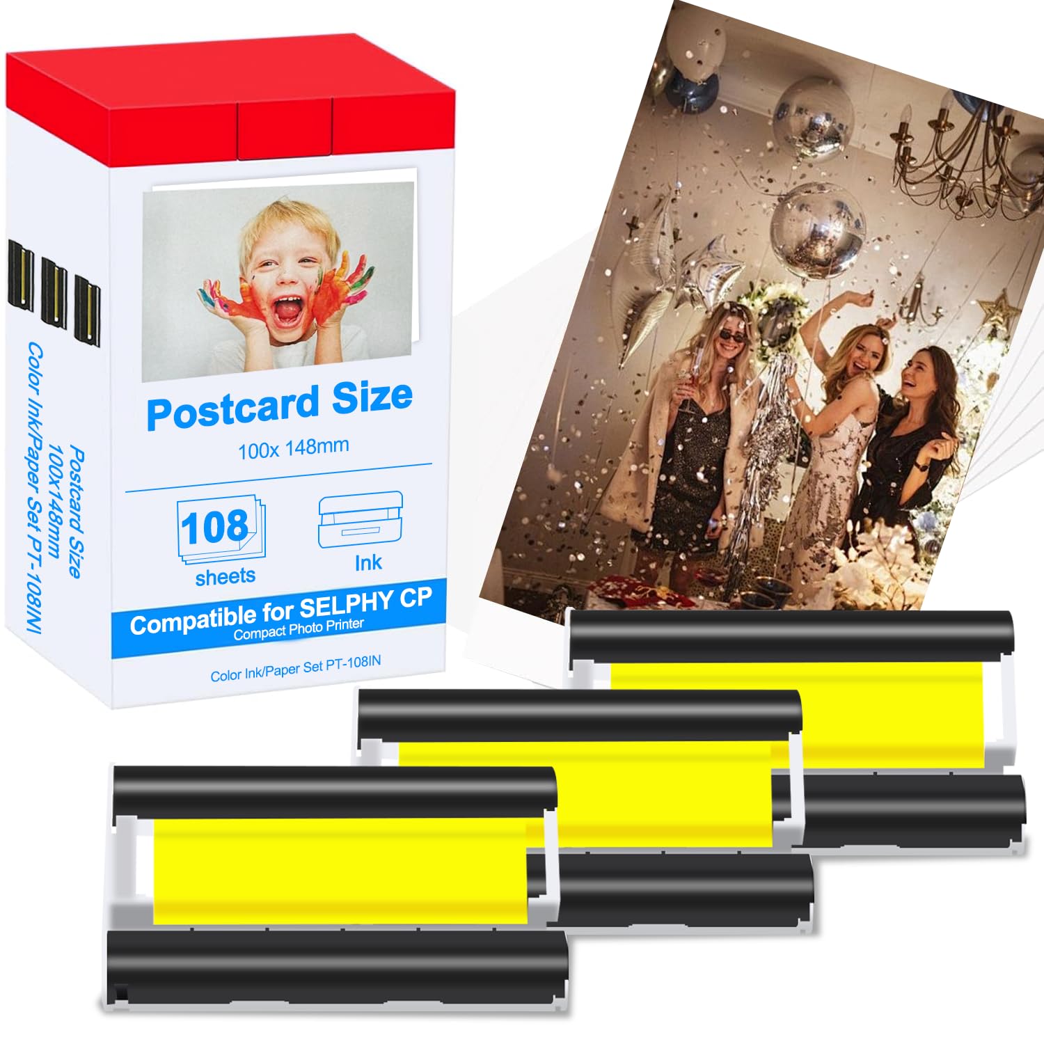 Photo 1 of KP-108IN Color Ink and Paper Set Compatible for SELPHY CP1300 CP1500 CP1200 Wireless Compact Photo Printer (4 x 6 inch 108 Ink Paper Sheets + 3 Color Ink Cartridges)