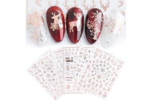JMEOWIO 9 Sheets Christmas Nail Art Stickers Decals Self-Adhesive Pegatinas Uñas Navidad Rose Gold Winter Holiday Xmas Snowflake Nail Supplies Nail Art Design Decoration Accessories