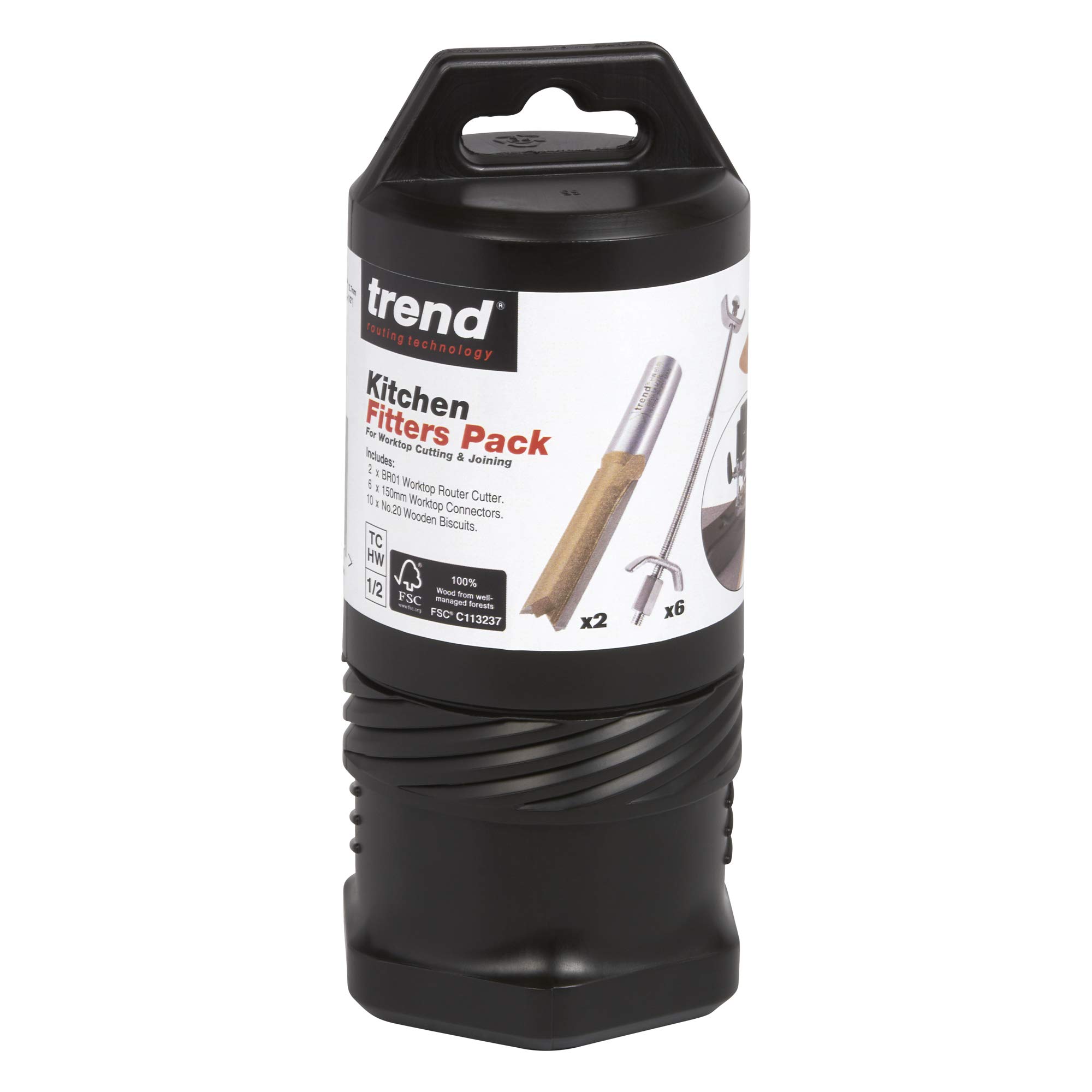 Trend Kitchen Fitters Pack with Straight Two Flute Worktop Router Cutters, Connecting Bolts and 10 x No.20 Biscuits, BR/KFP/1