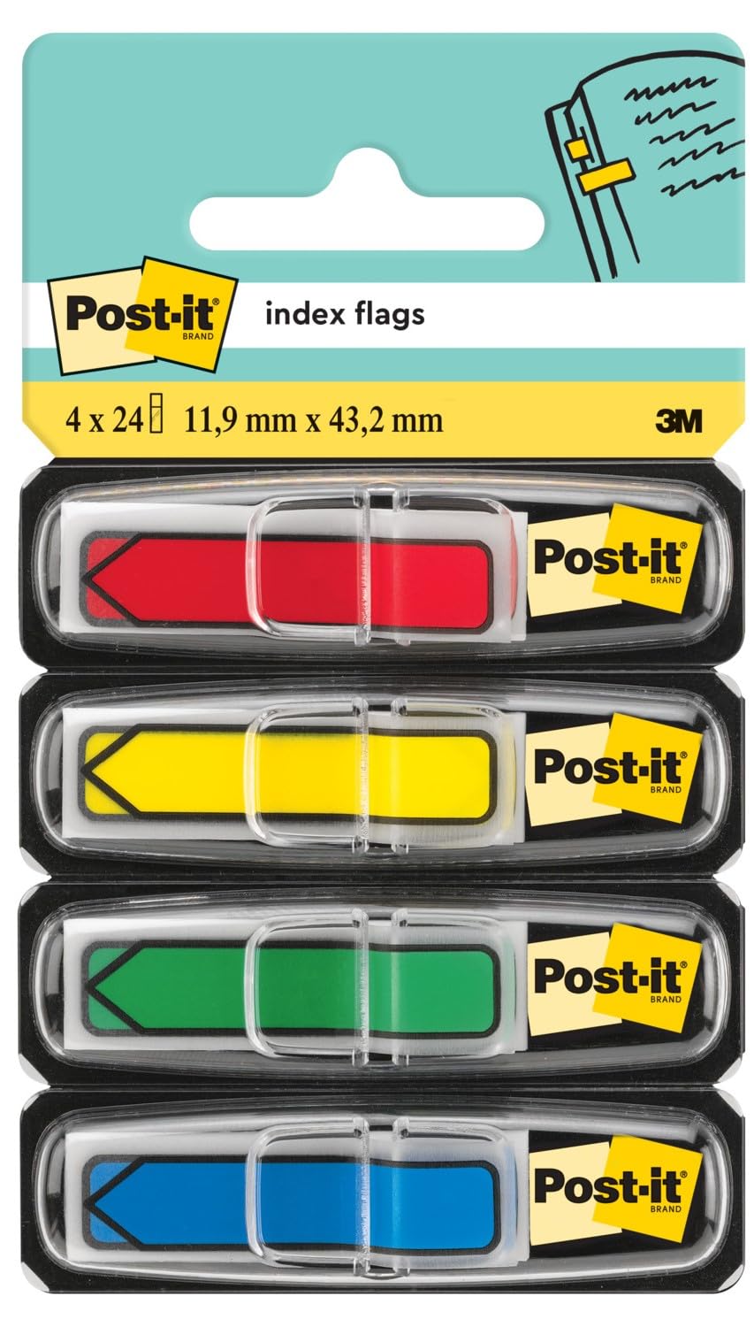 Post-it Index Arrow Flags - 4 Dispensers (24 Flags of Each Colour) 11.9 mm x 43.2 mm - to Mark, Highlight or Color Code Important Information