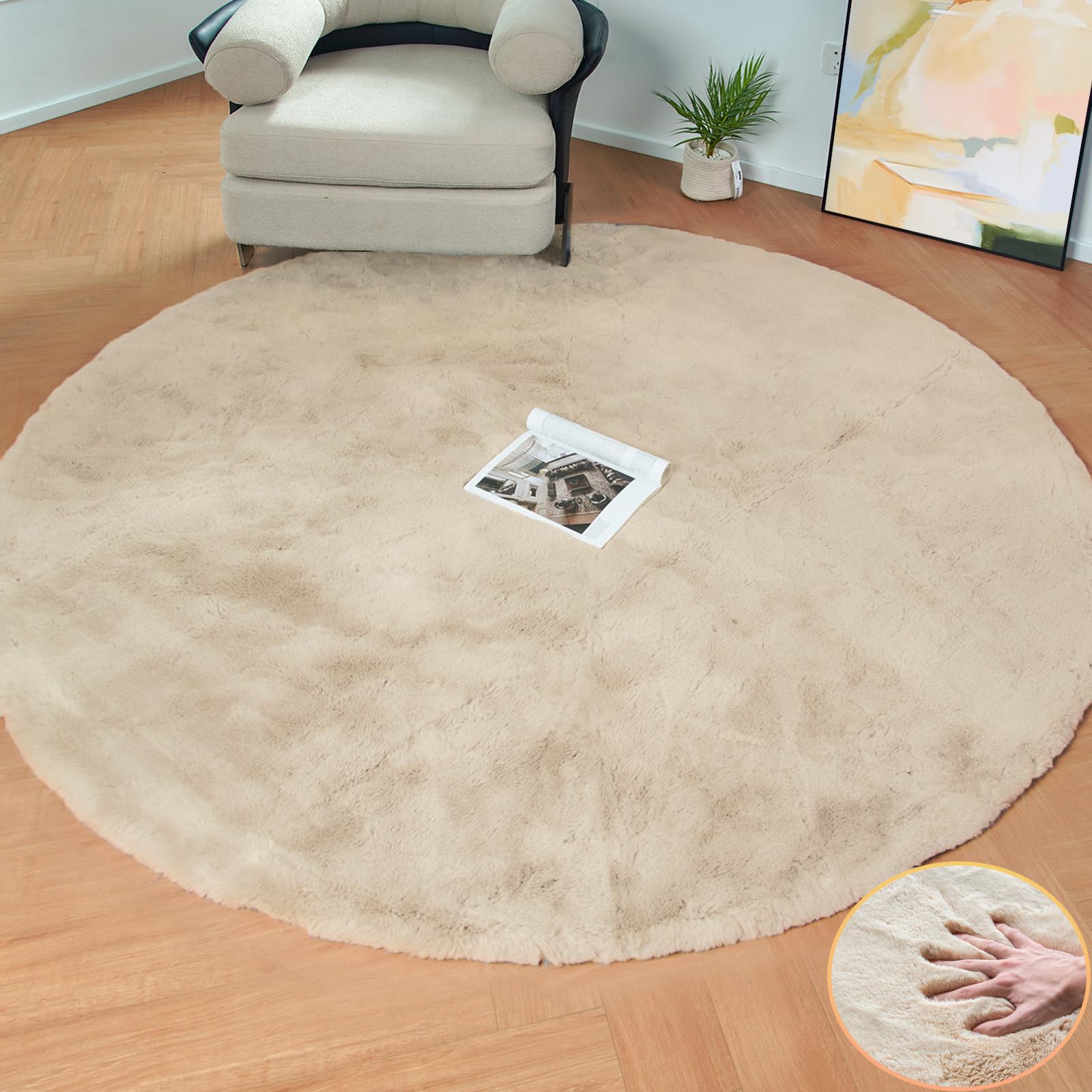 Photo 1 of ORINOVA Light Brown Beige Washable Shaggy Round Rug 5ft Faux Rabbit Fur Rugs for Living Room Circle Nursery Rug for Bedroom Girl Room Décor