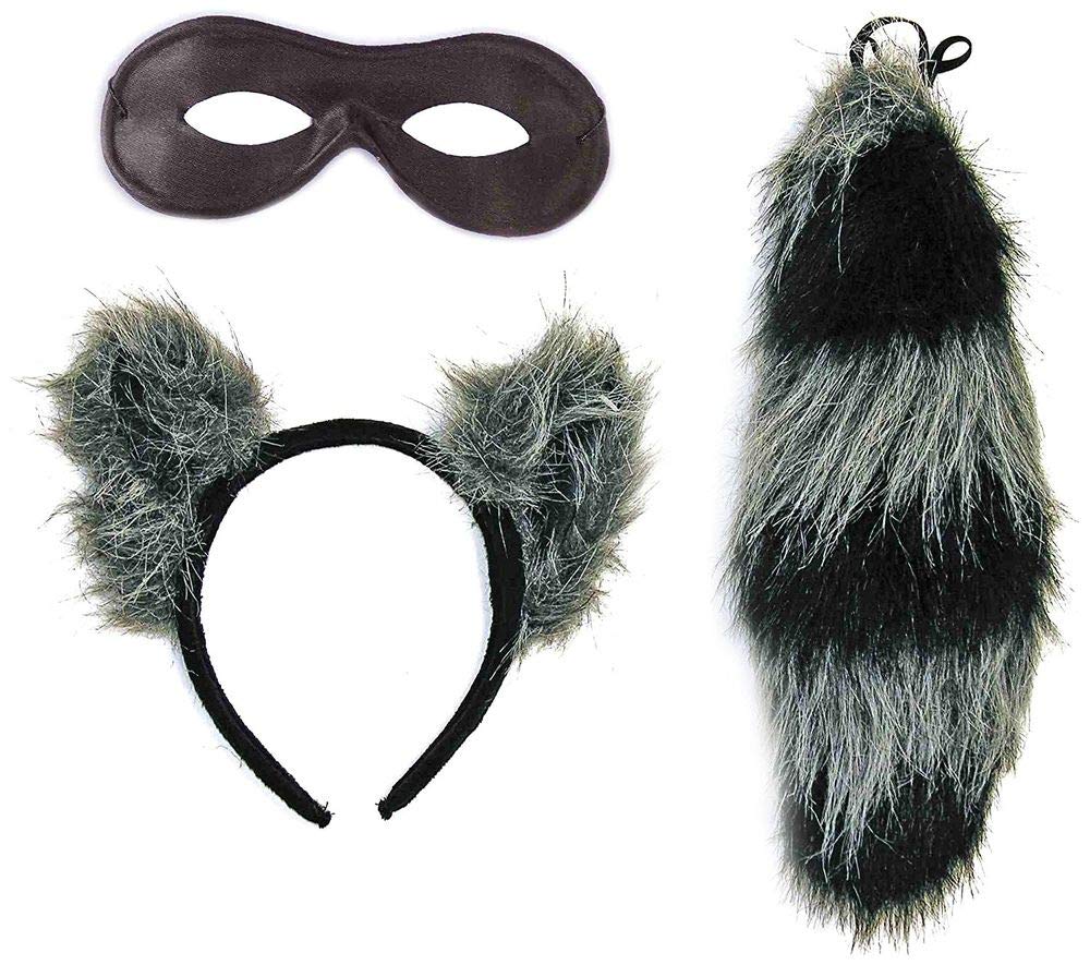 shoperama Raccoon Set Headdress Tail and Mask Costume Accessories Carnival Headband Ears