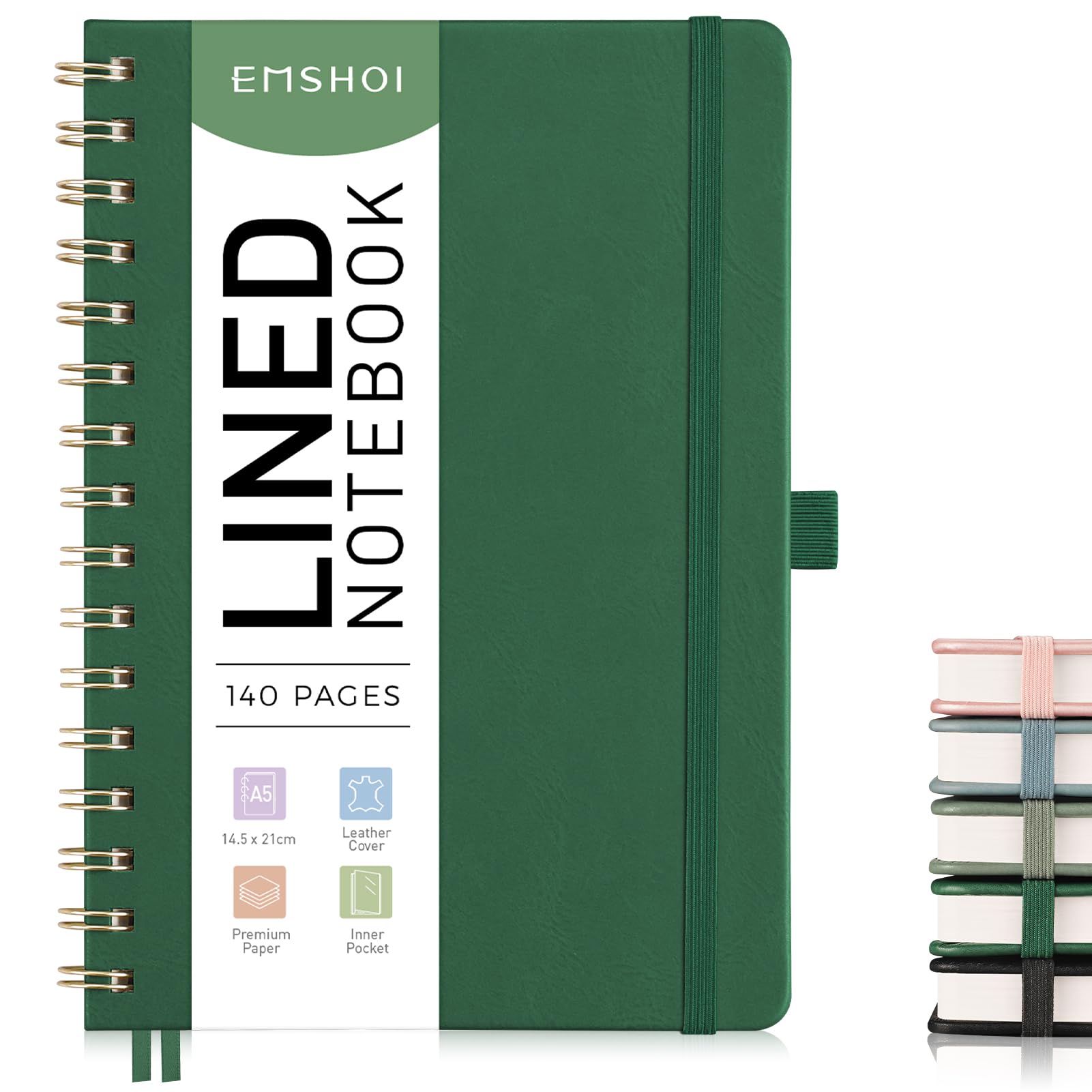 EMSHOI A5 Notebook Lined Journal, 100gsm, PU Leather Hardcover, Sticky Notes, Pocket, Pen Loop, Ruler, Bookmark, 140 Pages Ruled Spiral Notepad for Women Men Writing, 14.5 x 21cm, Green