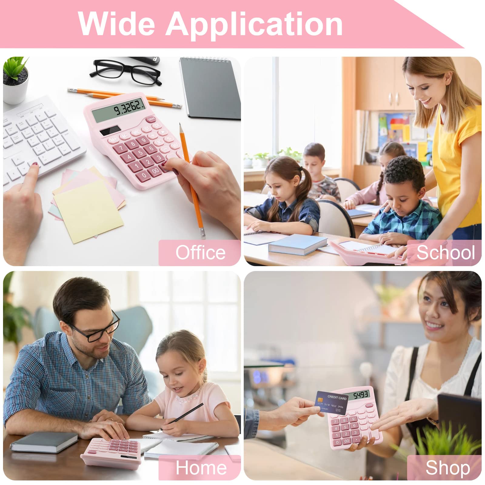 Office Desk Calculator with Solar Power, 12 Digits Large LED Display, Calculators Desktop with Big Buttons, Pink Office Home School Supplies (Pink)