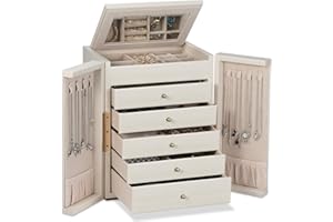Dajasan Large Jewelry Organizer Box, Jewelry Boxes for Women Girls, 6-Tier Jewelry Storage Organizer with Mirror for Necklace Ring Bracelet Watch, Gift Idea (Beige)