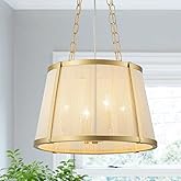 Zyzwmb 15.75" Gold Drum Chandelier Dining Room Light Fixture, 4-Light Modern Pendant Light Kitchen Island, Fabric Lighting Fi