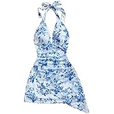 SOLY HUX Women's Sexy Tie Dye Print Halter V Neck Mini Dress Retro Backless Fitted Bodycon Dresses