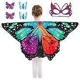 Sunlisky Butterfly Costume for Girls Fairy Wings Kids 4 Pcs(Cape,Skirts,Masks,Hair Clips) Butterfly Wings for Halloween Gifts
