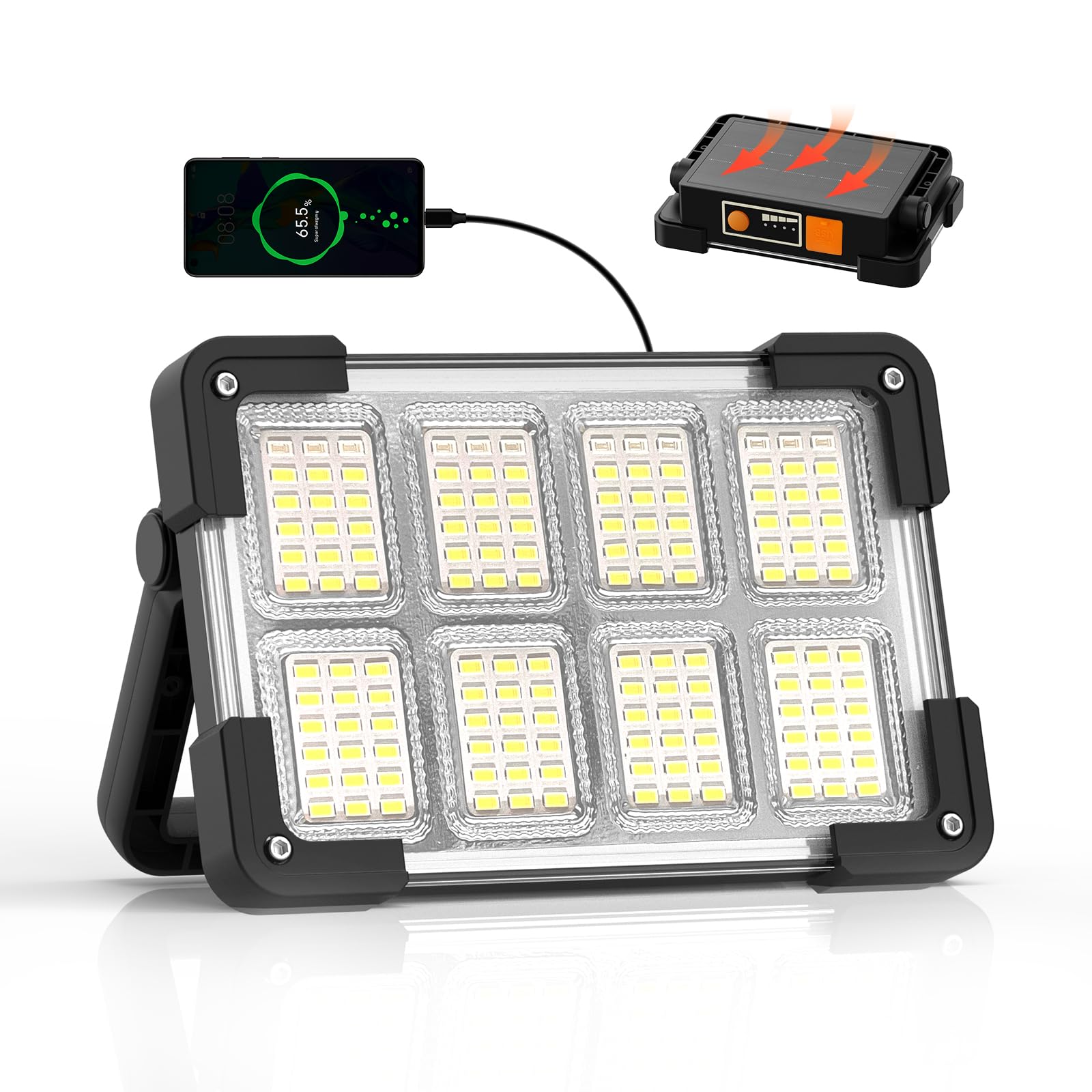 Photo 1 of 120W Solar Rechargeable Work Light, 144 LED 10000LM Led Work Light with 4 Modes, Portable Flood Light with Stand, IP66 Waterproof Outdoor Working Light for Emergency Mechanic Camping Repair (Black)