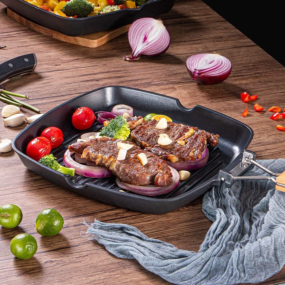 SKY LIGHT Grill Pan, 11 inch Portable Nonstick Frying Pan for Steak, Fish and BBQ, 3.5 mm Forged Deep Square Griddle Pan with Easy Grease Draining, Filter, Folding Handle Induction Skillets: Kitchen & Dining