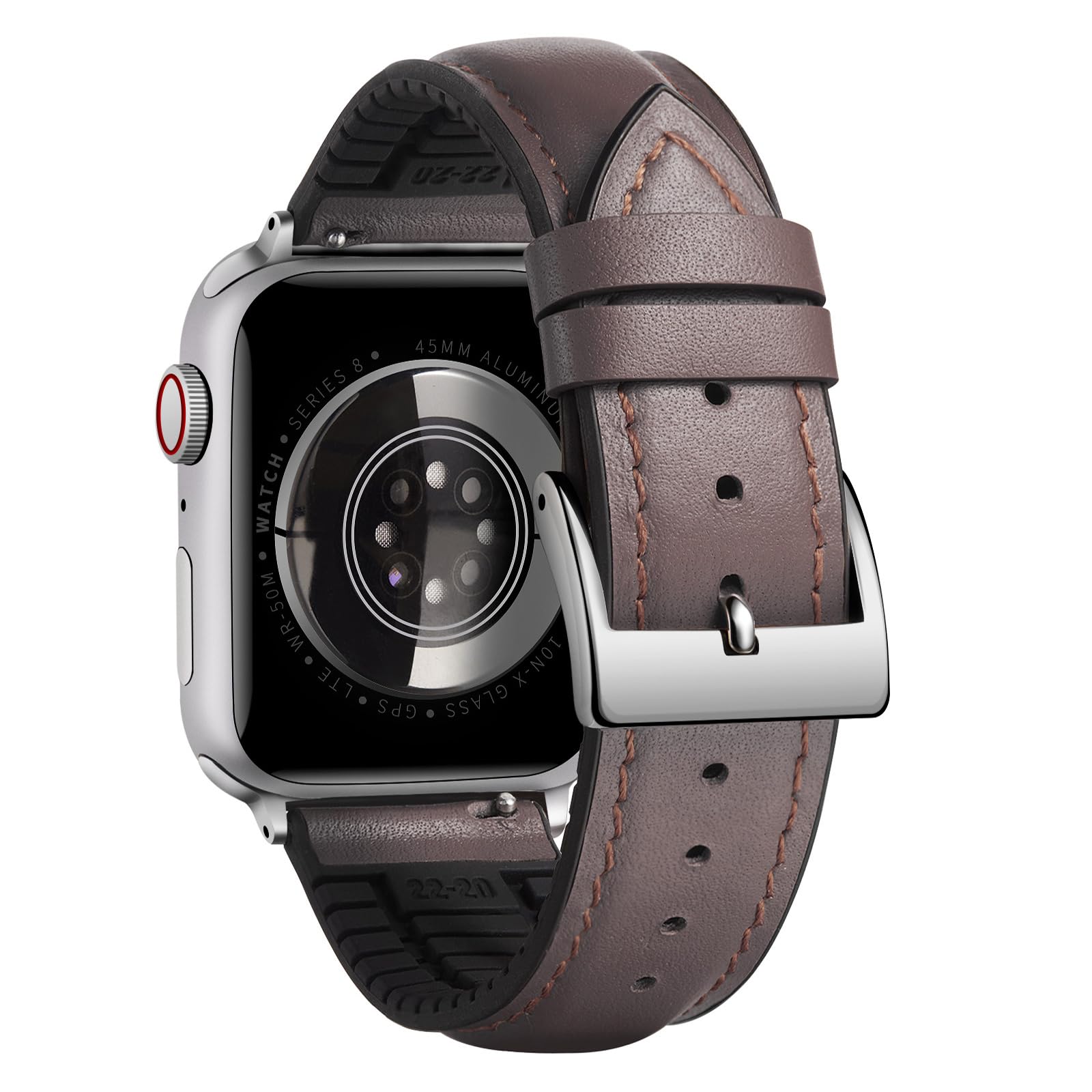 BINLUN Compatible with Apple Watch Bands Leather Soft Silicone Inner Hybrid Sweatproof 42mm 44mm 45mm 46mm 49mm Watch Strap for iWatch Ultra SE Series 11/10/9/8/7/6/5/4/3/2/1(Silver Buckle,Deep Brown)