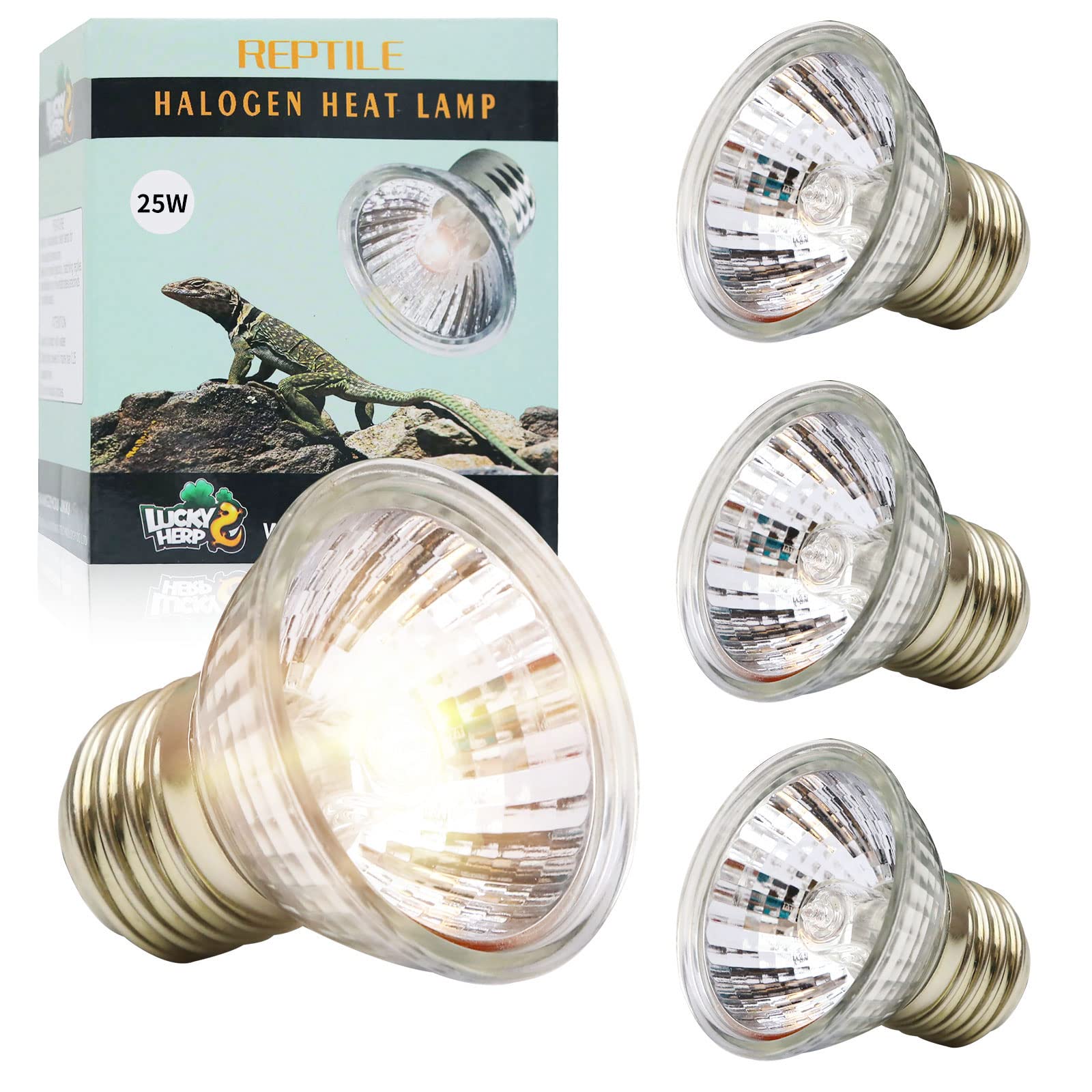 LUCKY HERP Reptile Heat Lamp Bulb 25W 4Pack, UVA UVB Basking Lamp Bulb for Tortoise, E27 Halogen Heat Light for Turtle, Lizard, Bearded Dragon