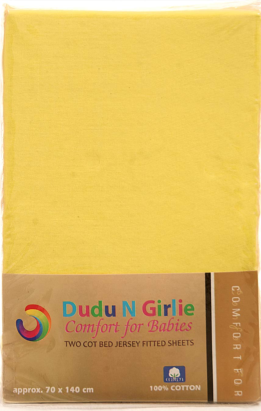 Dudu N Girlie - Cot Bed Sheets 140 x 70 Fitted - Jersey Cotton Hypoallergenic Cot Bed Bedding Fully Elasticated Skirt Breathable Easy Care - (Pack of 2, Yellow)